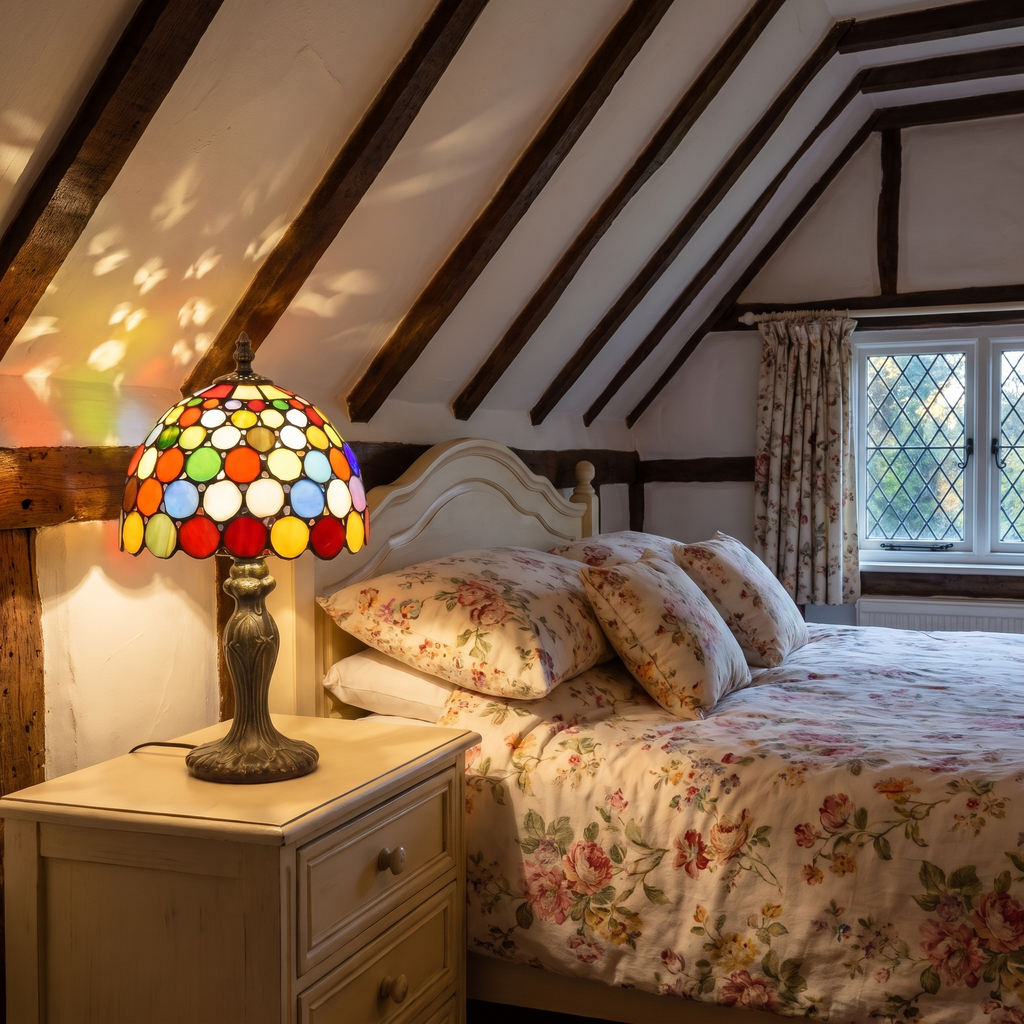 A lit Chelsworth jewelled stained glass table lamp on a bedside table in a cottage bedroom