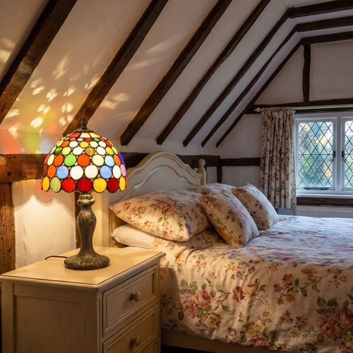 A lit Chelsworth jewelled stained glass table lamp on a bedside table in a cottage bedroom