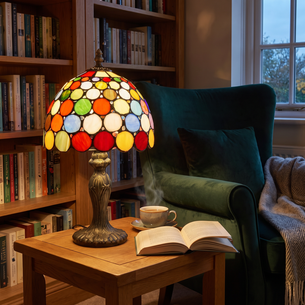 A lit Chelsworth table lamp on an oak side table beside a velvet armchair in a reading corner
