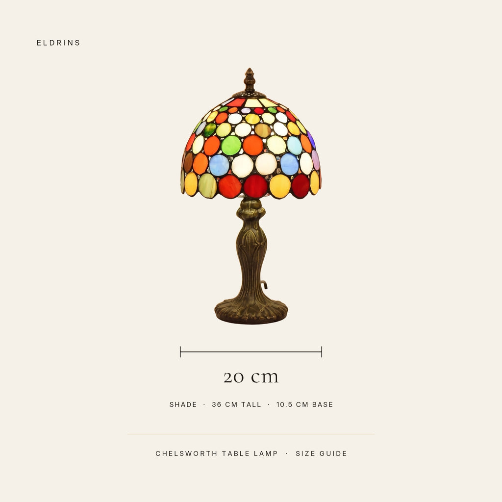 Chelsworth table lamp size guide: 36 cm tall, 20 cm shade, 10.5 cm base