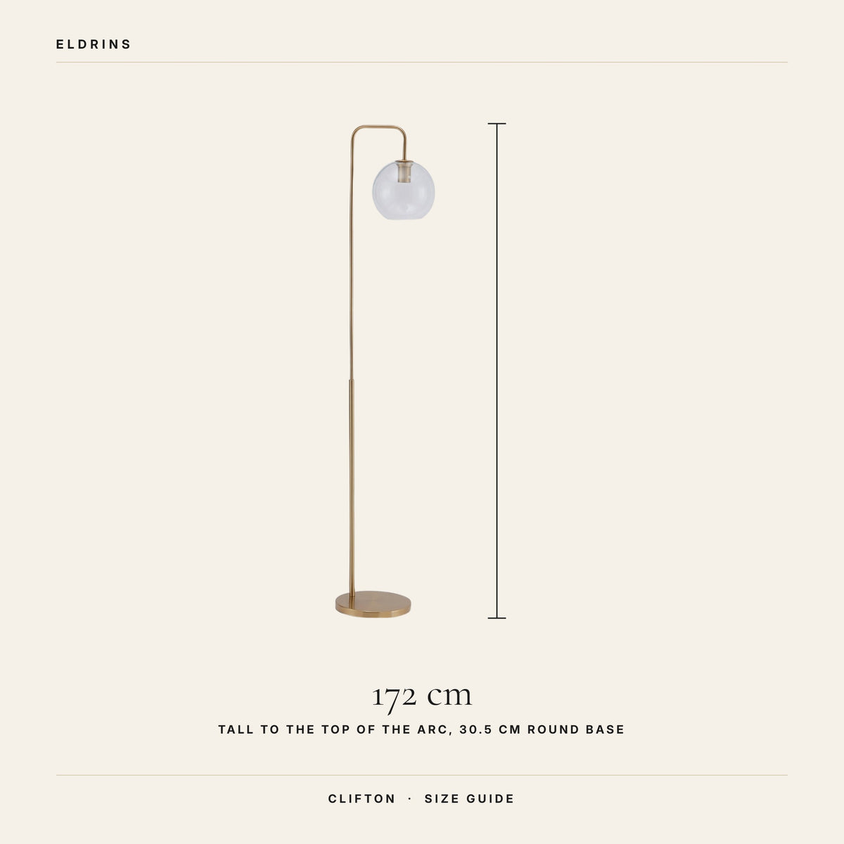 Clifton floor lamp size guide, 172 cm tall on a 30.5 cm round base