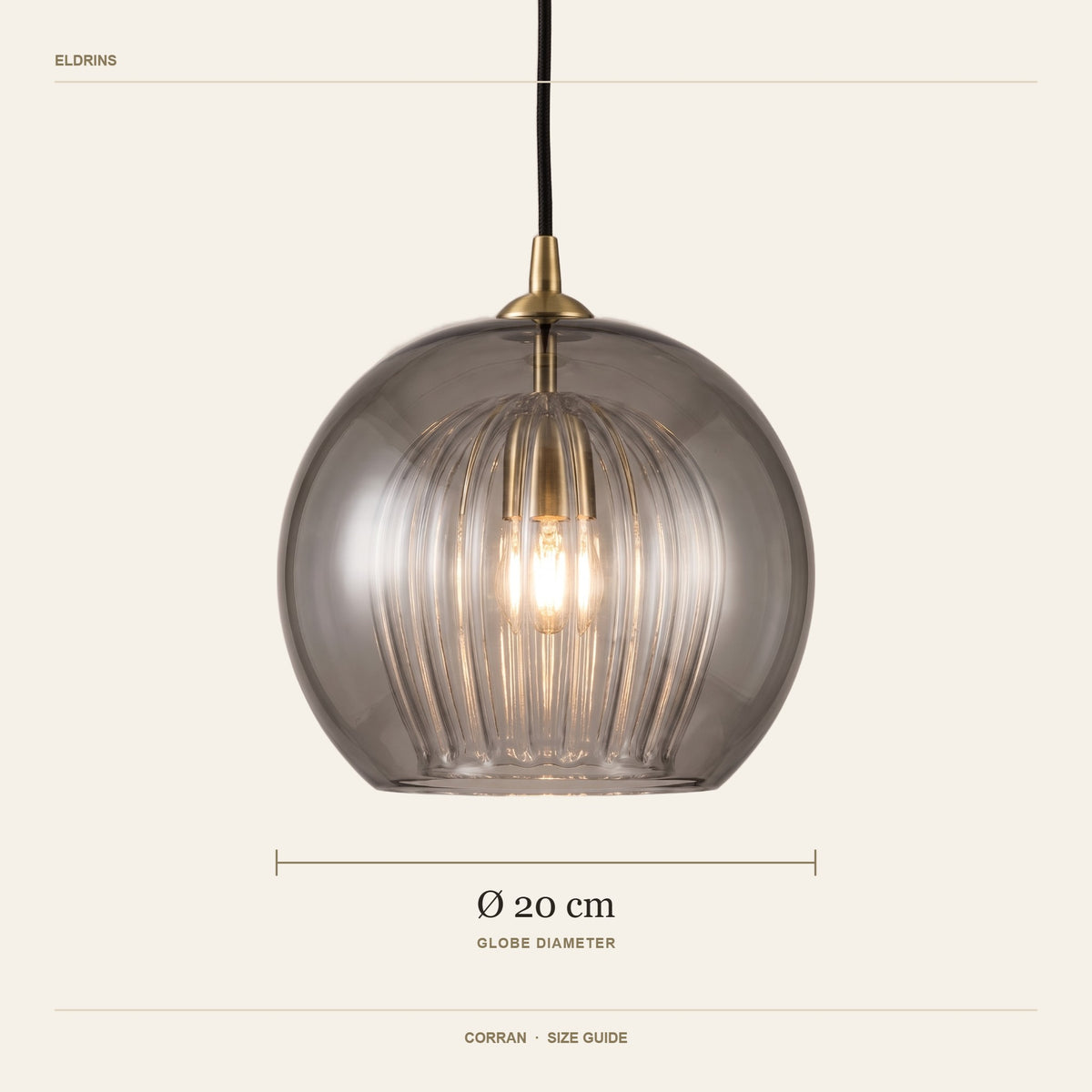 Corran pendant size guide, 20 cm globe
