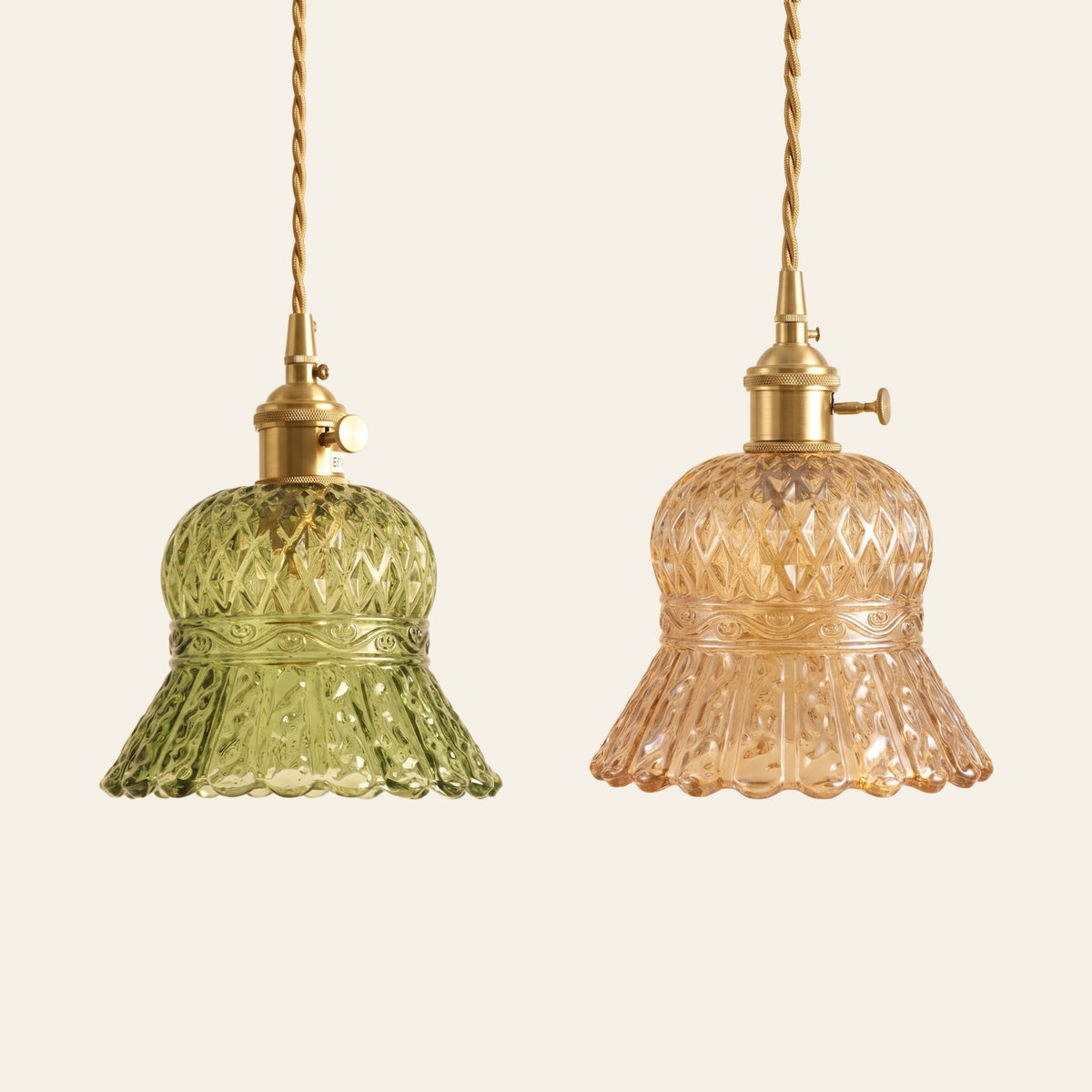 Cratfield pressed glass pendant lights in green and amber