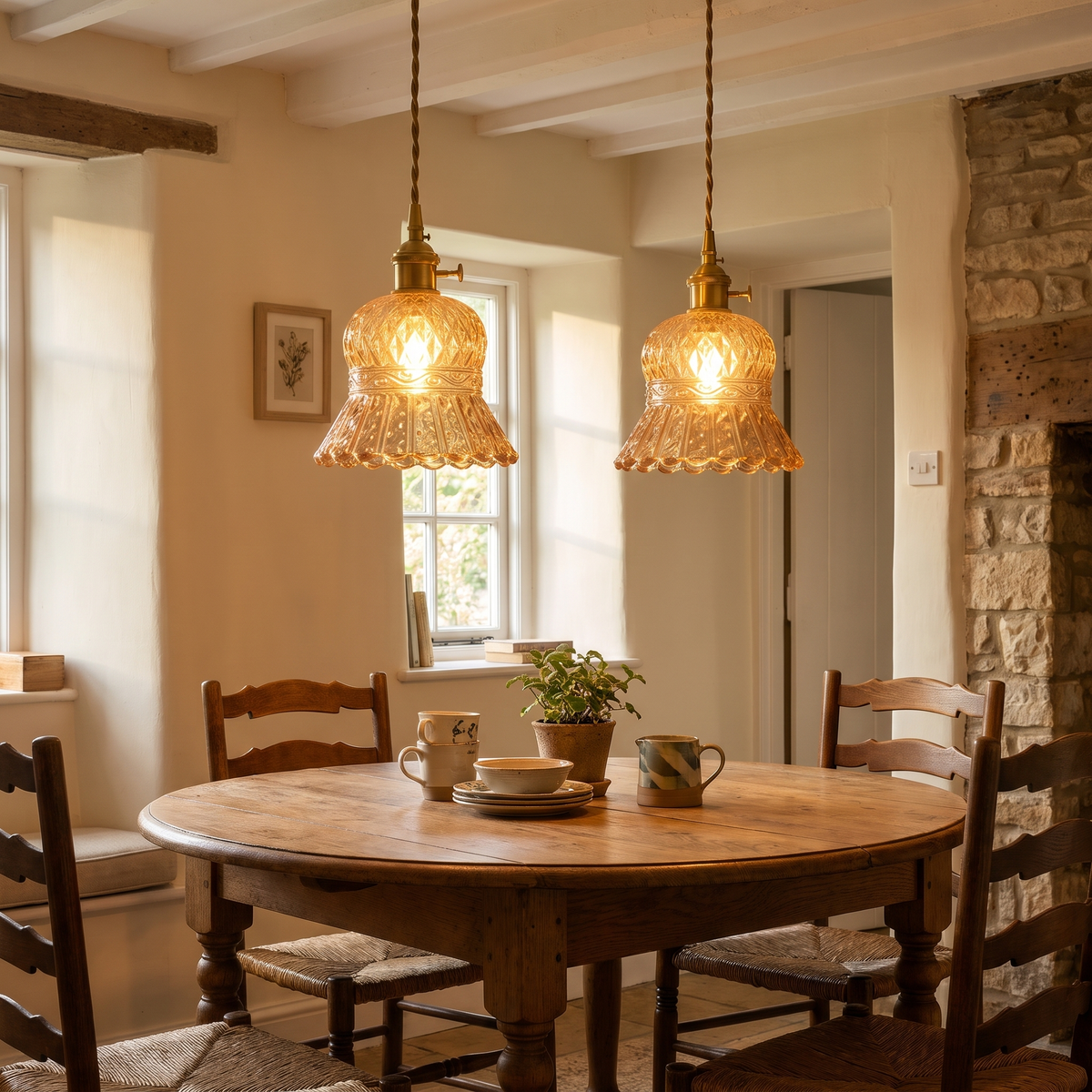 Two amber Cratfield pendants lit over a round oak table in a cottage dining room