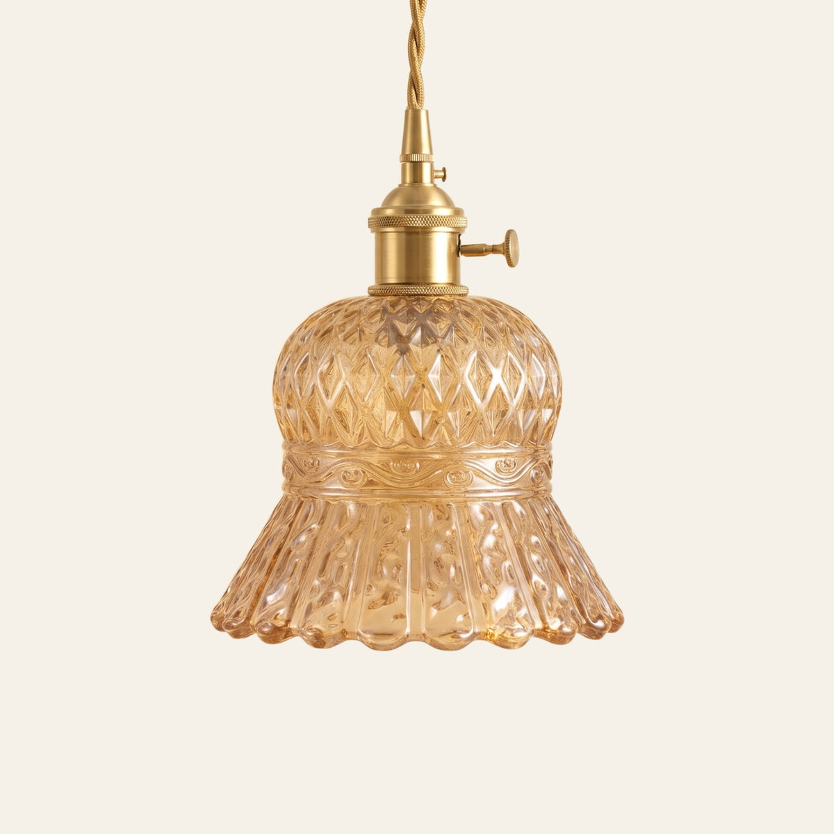 Cratfield pressed glass bell pendant light in amber, cream background