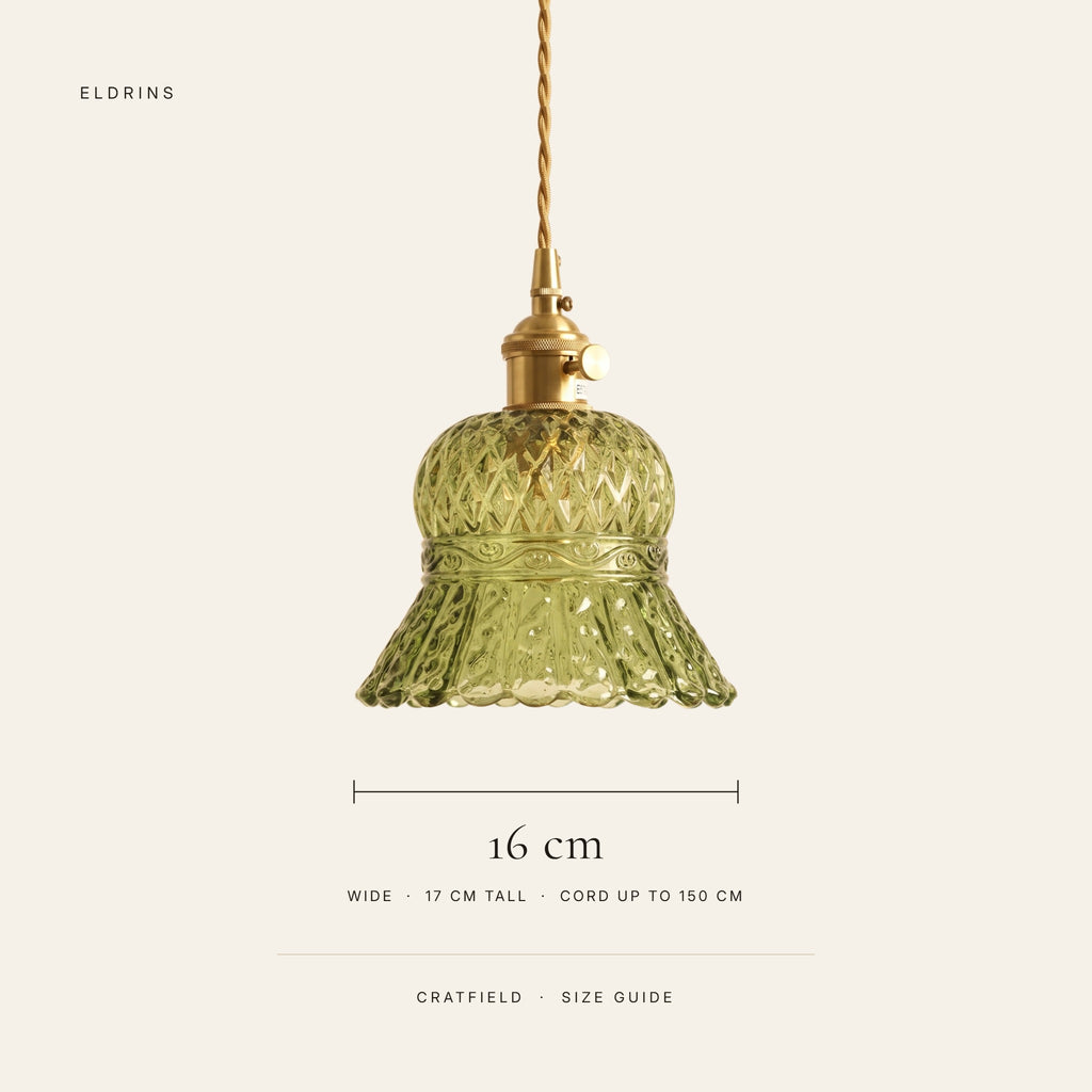 Cratfield size guide, 16 cm wide and 17 cm tall pressed glass shade, cord up to 150 cm