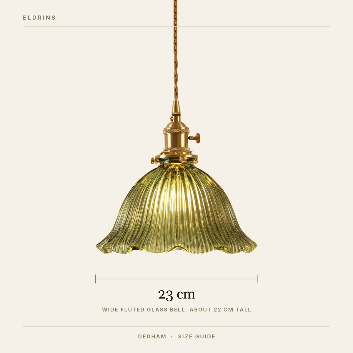 Dedham pendant light size guide, 23 cm wide green glass bell, about 22 cm tall