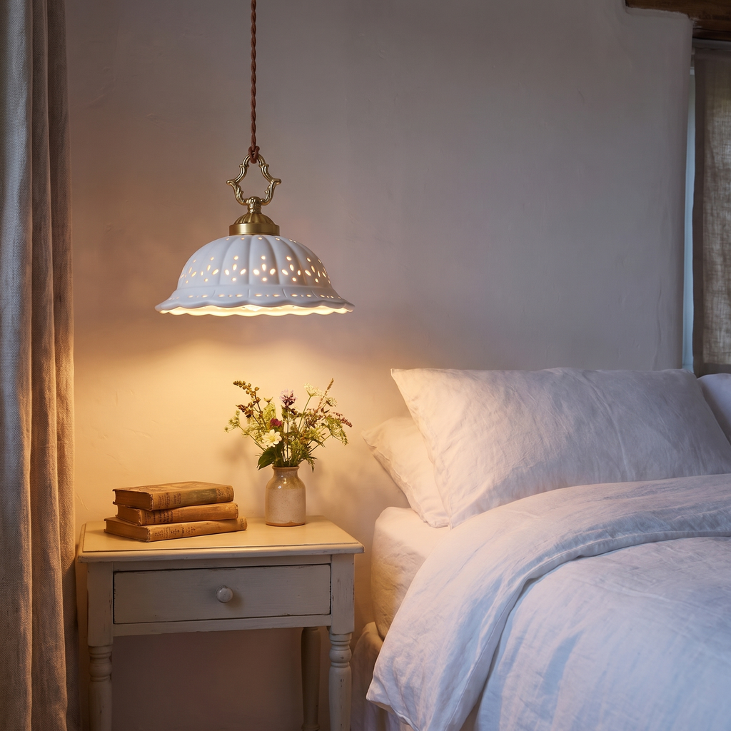 A Dennington ceramic pendant lit low beside a bed in a cottage bedroom