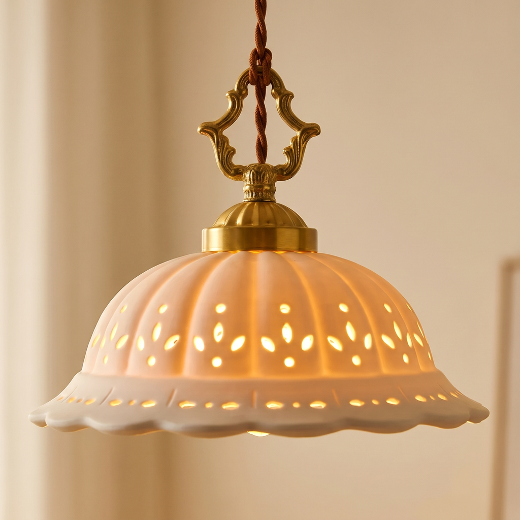 Close up of a lit Dennington shade showing the pierced pattern and scalloped edge