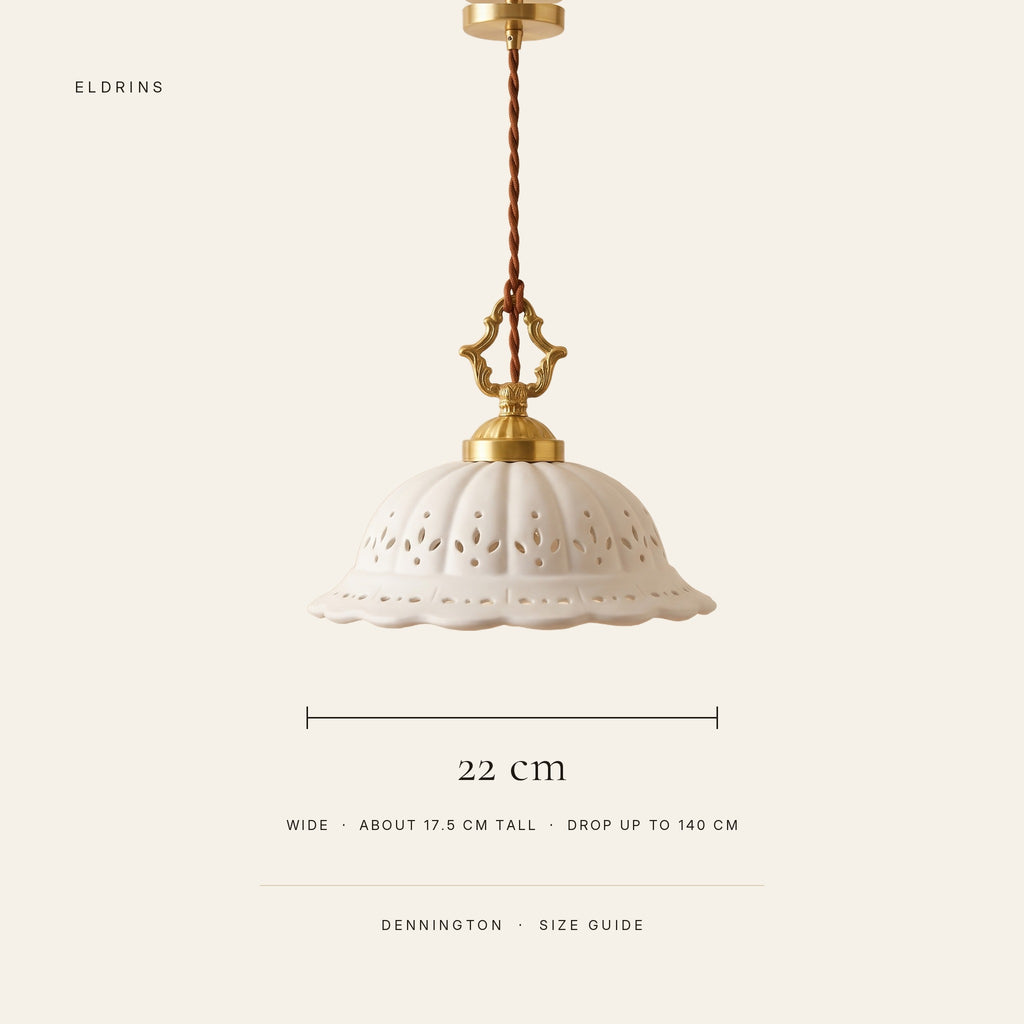 Dennington size guide: 22 cm wide, about 17.5 cm tall, drop up to 140 cm