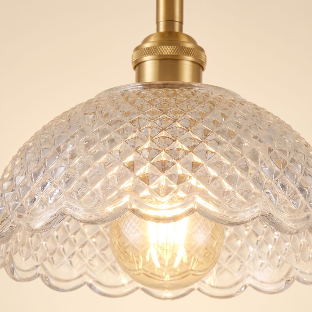 Close up of the Dunwich clear diamond cut glass shade with its scalloped rim