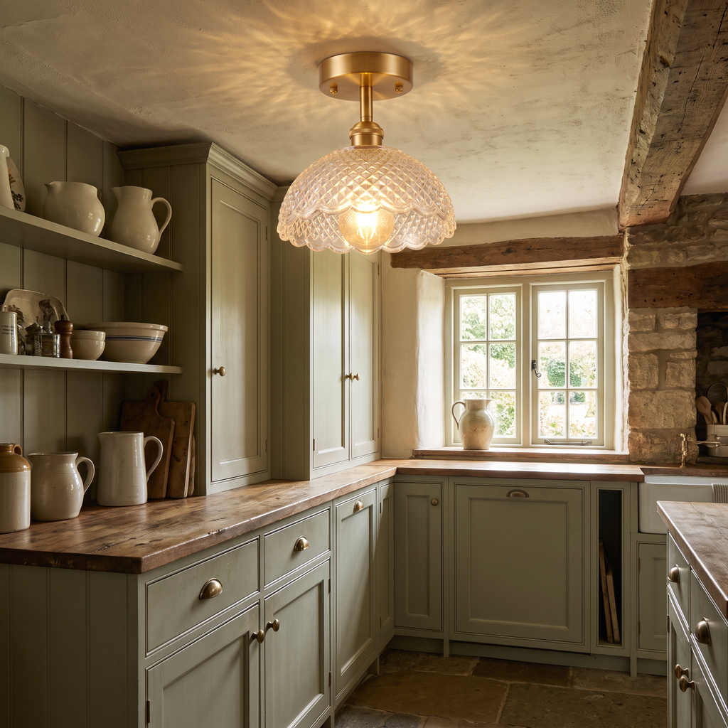 Dunwich diamond cut glass ceiling light in a cottage kitchen with sage green cabinets