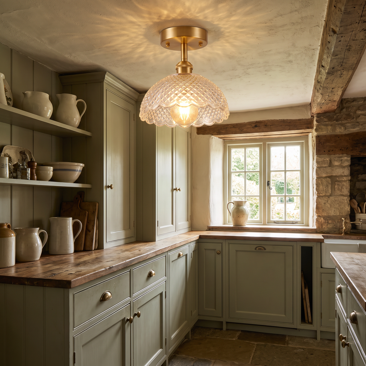 Dunwich diamond cut glass ceiling light in a cottage kitchen with sage green cabinets