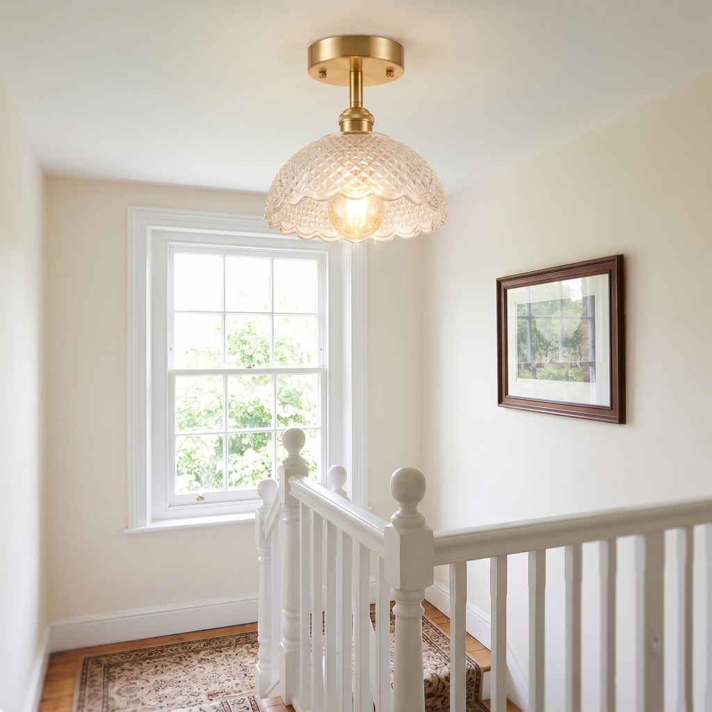 Dunwich diamond cut glass ceiling light on a bright stair landing