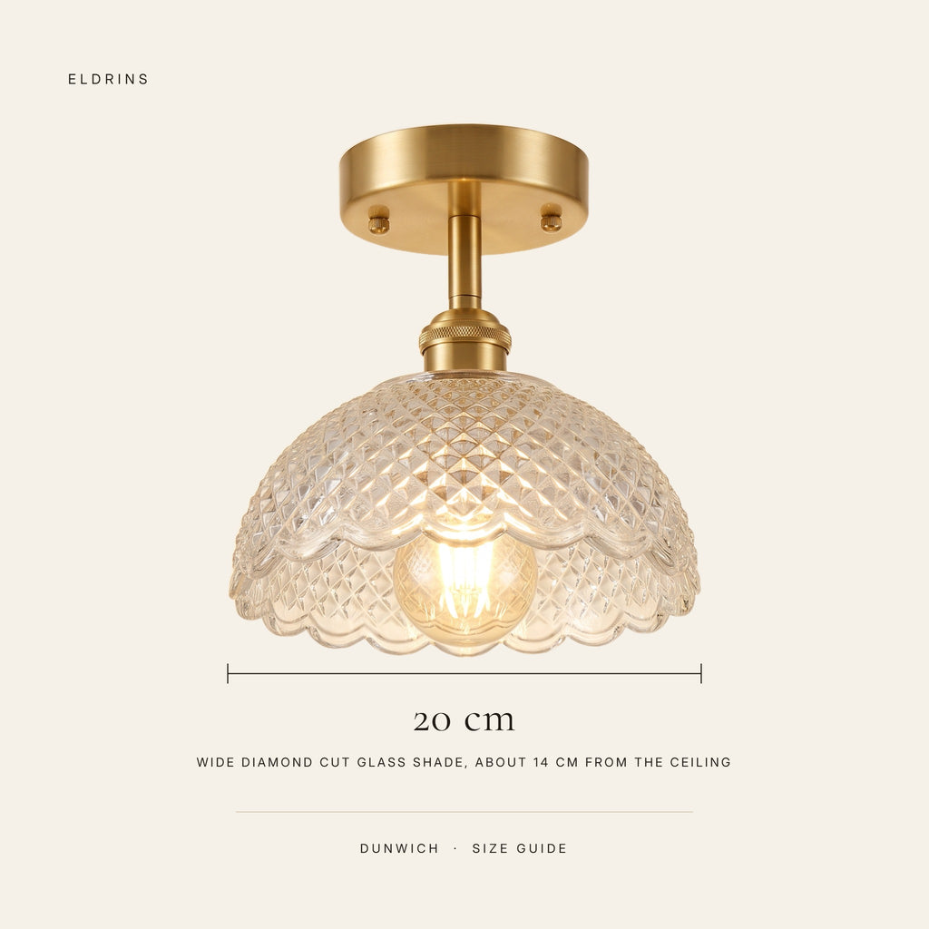Dunwich ceiling light size guide, 20 cm wide diamond cut shade, about 14 cm from the ceiling