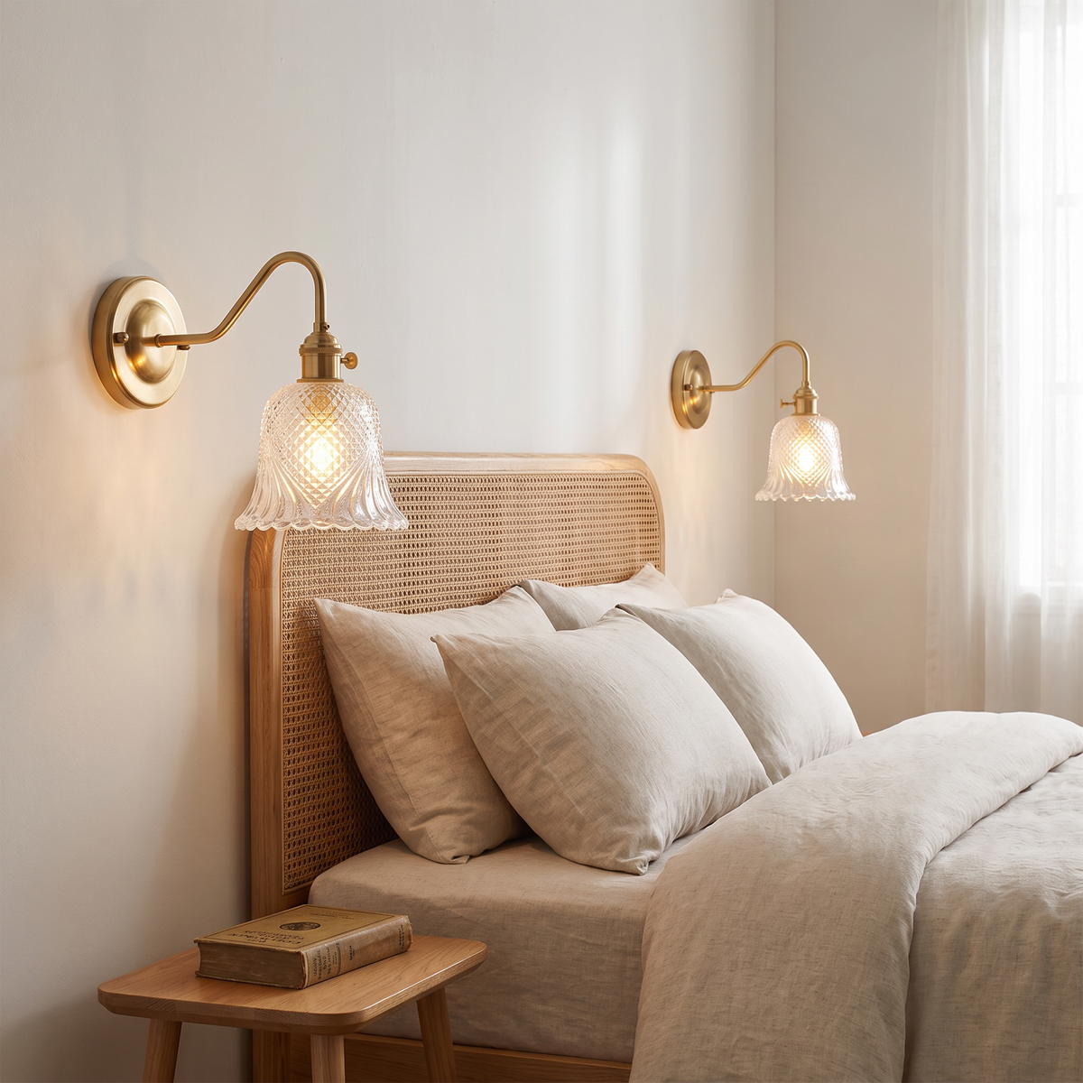 A pair of Dunwich clear diamond cut glass wall lights either side of a bed