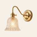 Dunwich wall light with a clear diamond cut glass bell shade on a brass swan neck arm, lit