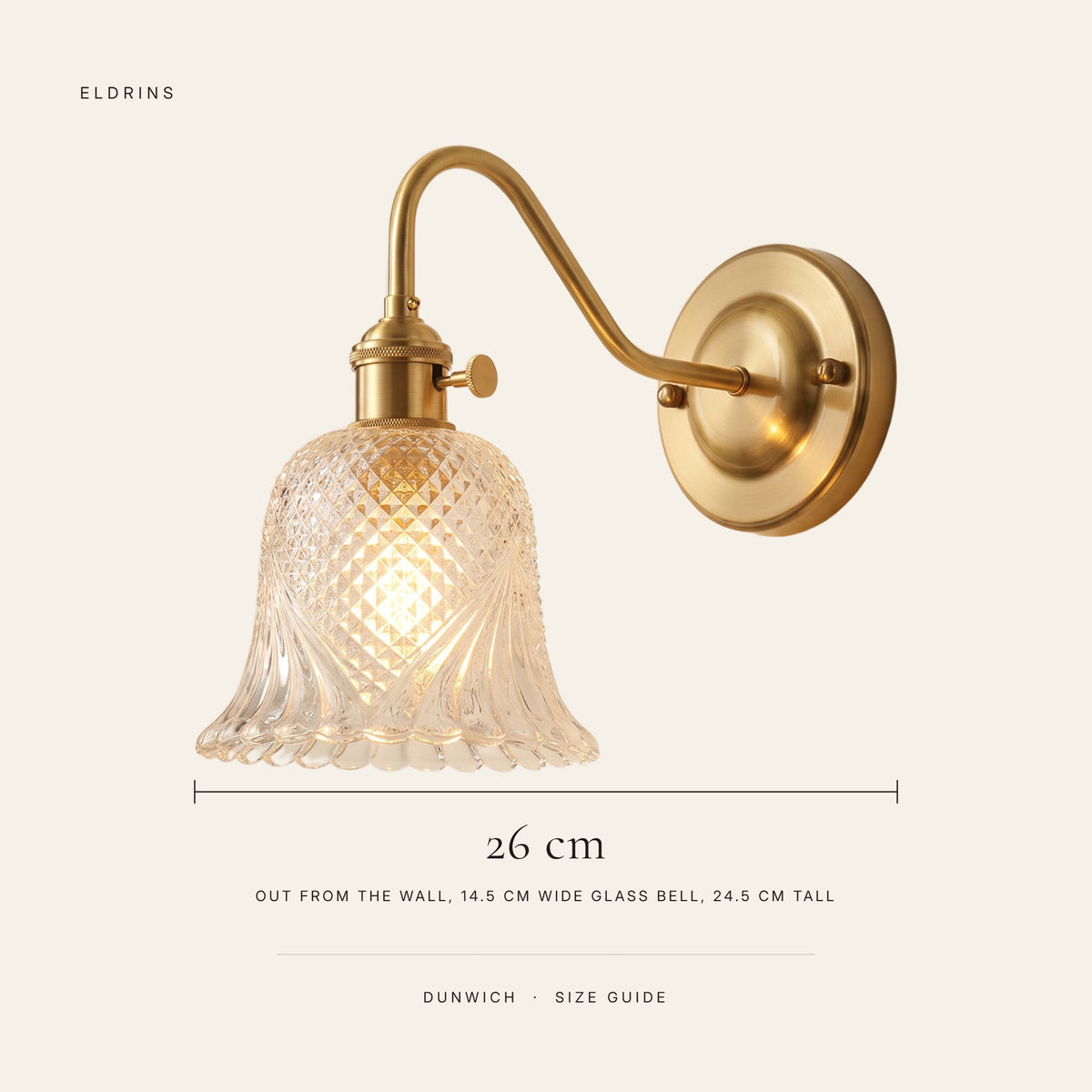 Dunwich wall light size guide, 26 cm out from the wall, 14.5 cm wide glass bell, 24.5 cm tall
