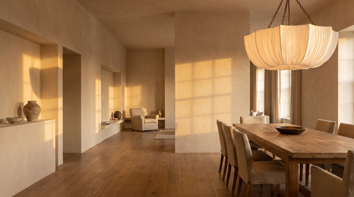 Pleated fabric chandelier above an oak dining table in a sunlit room