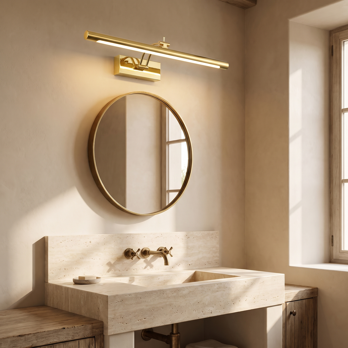 Brass vanity light above a bathroom mirror
