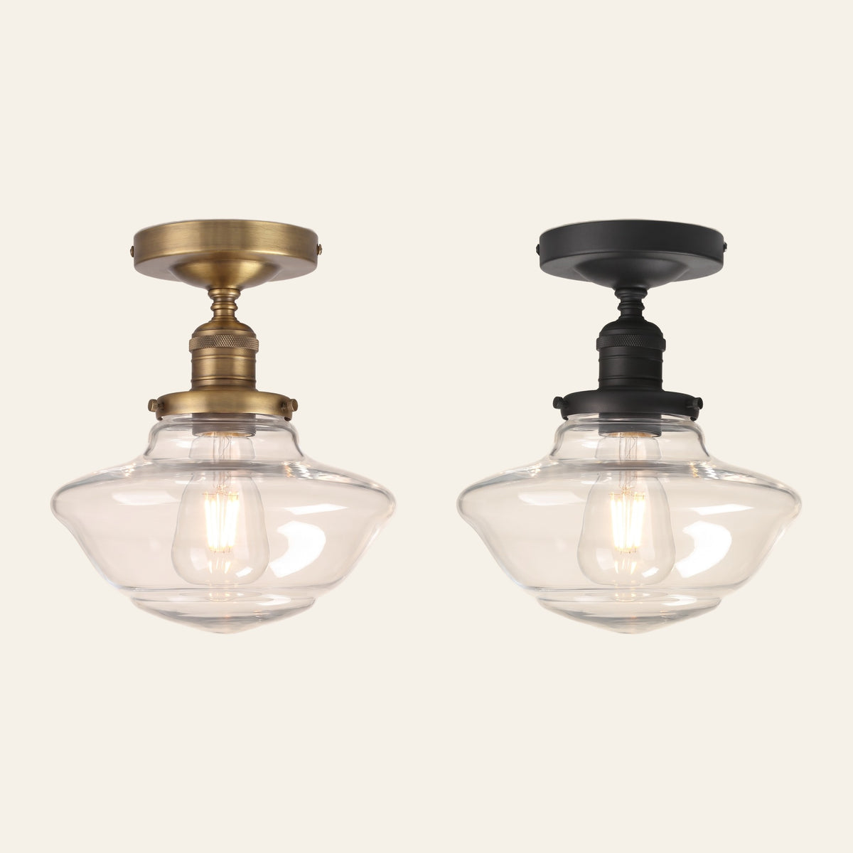 The Ely clear semi flush light in antique brass and in black side by side