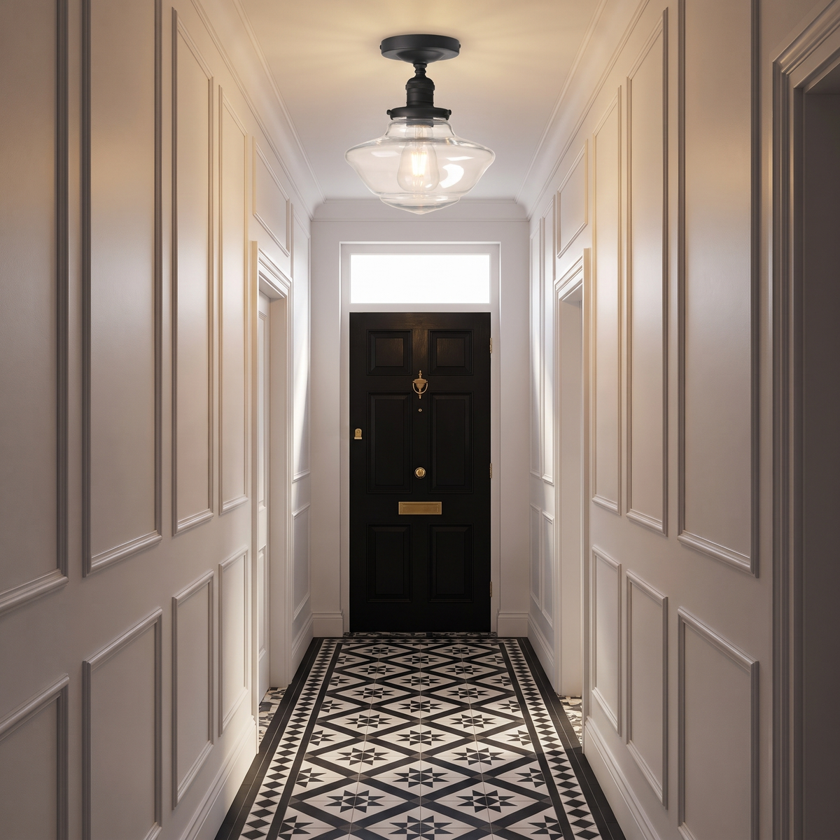 A lit black Ely clear ceiling light in a white panelled Victorian hallway with a tiled floor