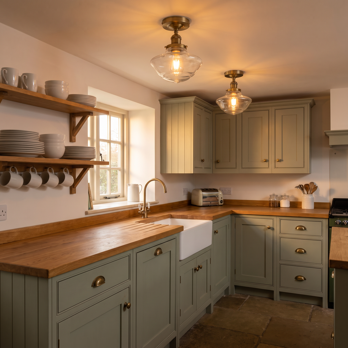 Two lit antique brass Ely clear ceiling lights in a row above an oak worktop in a sage green country kitchen