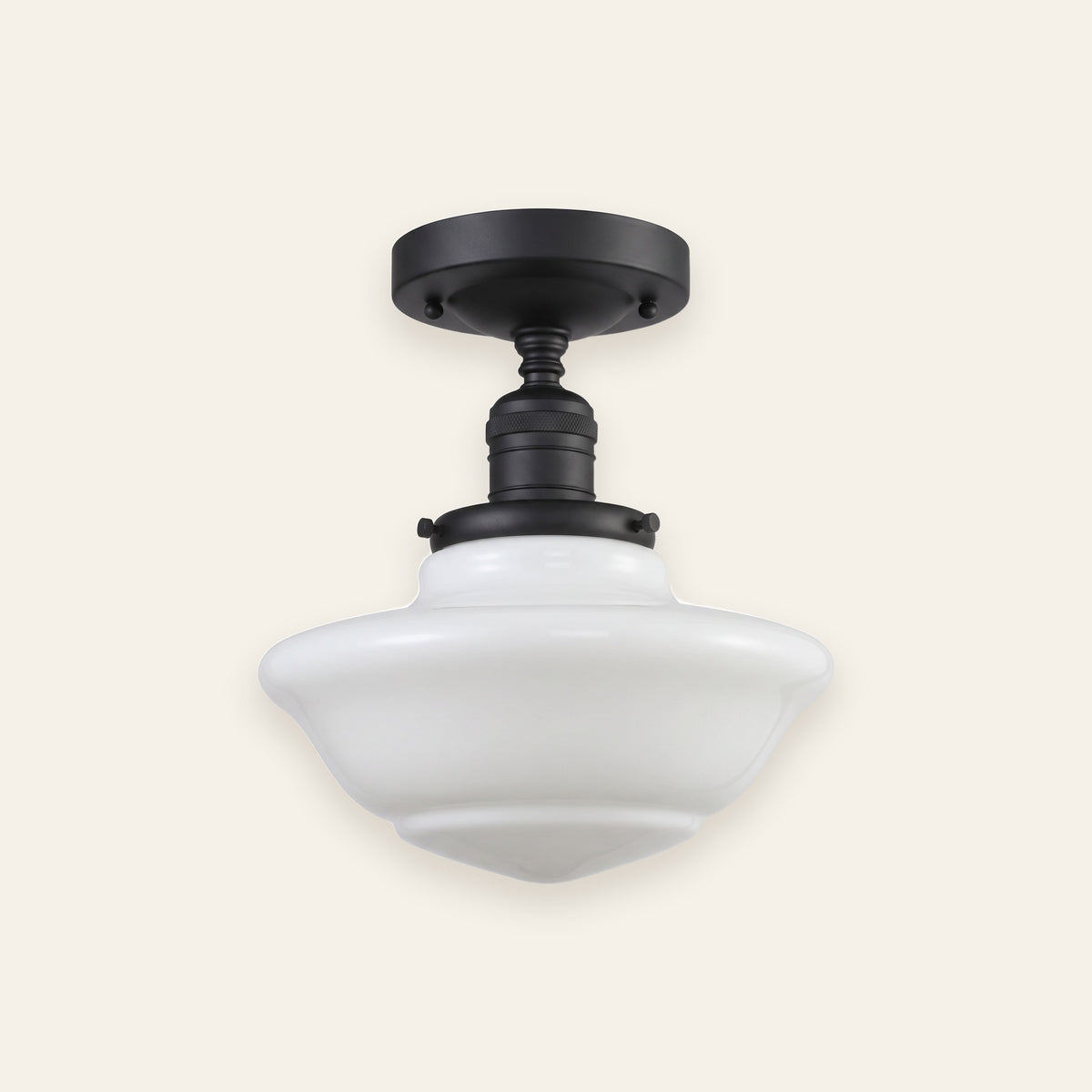 Ely milk glass semi flush ceiling light in black on a cream background