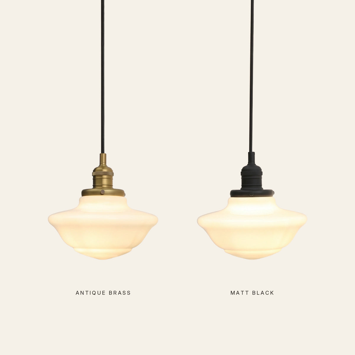 The Ely pendant light in antique brass and in matt black side by side