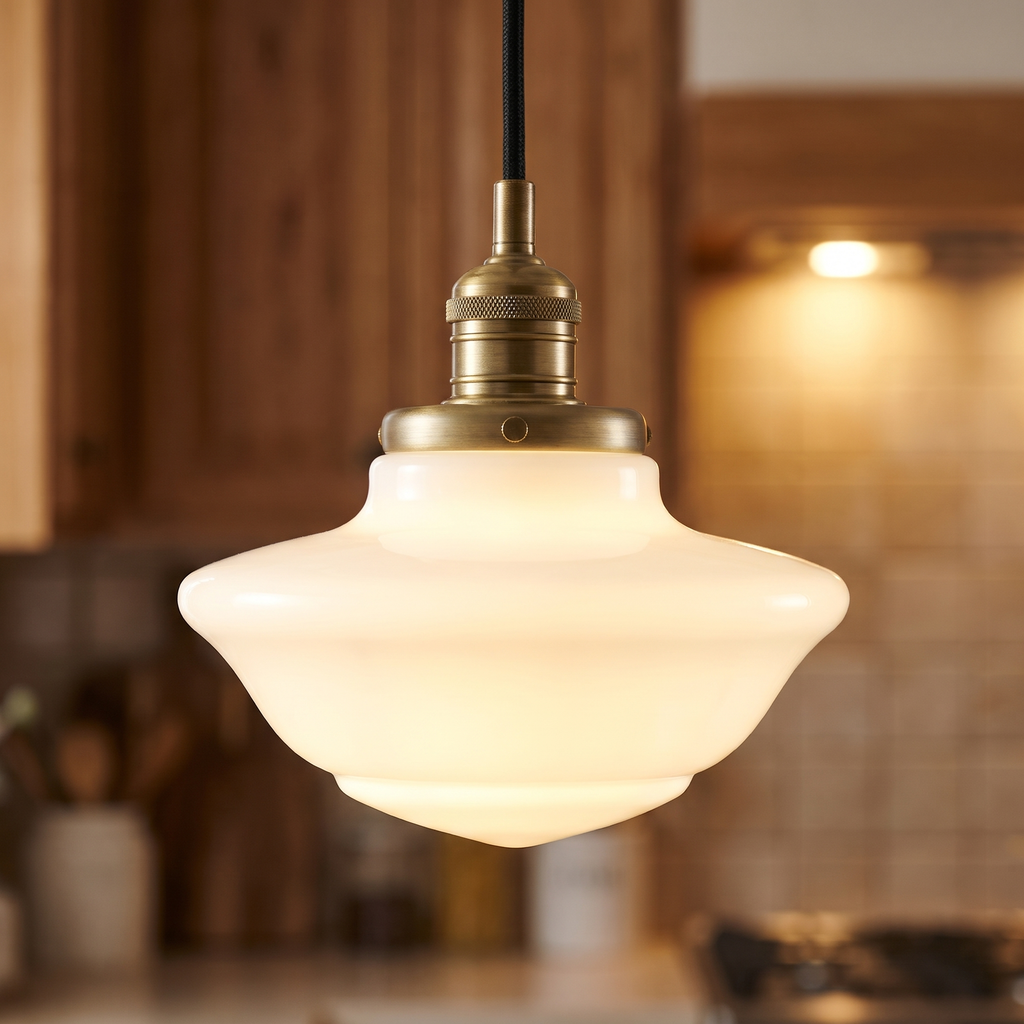 Close up of a lit Ely pendant showing the stepped opal milk glass shade and the knurled antique brass lamp holder