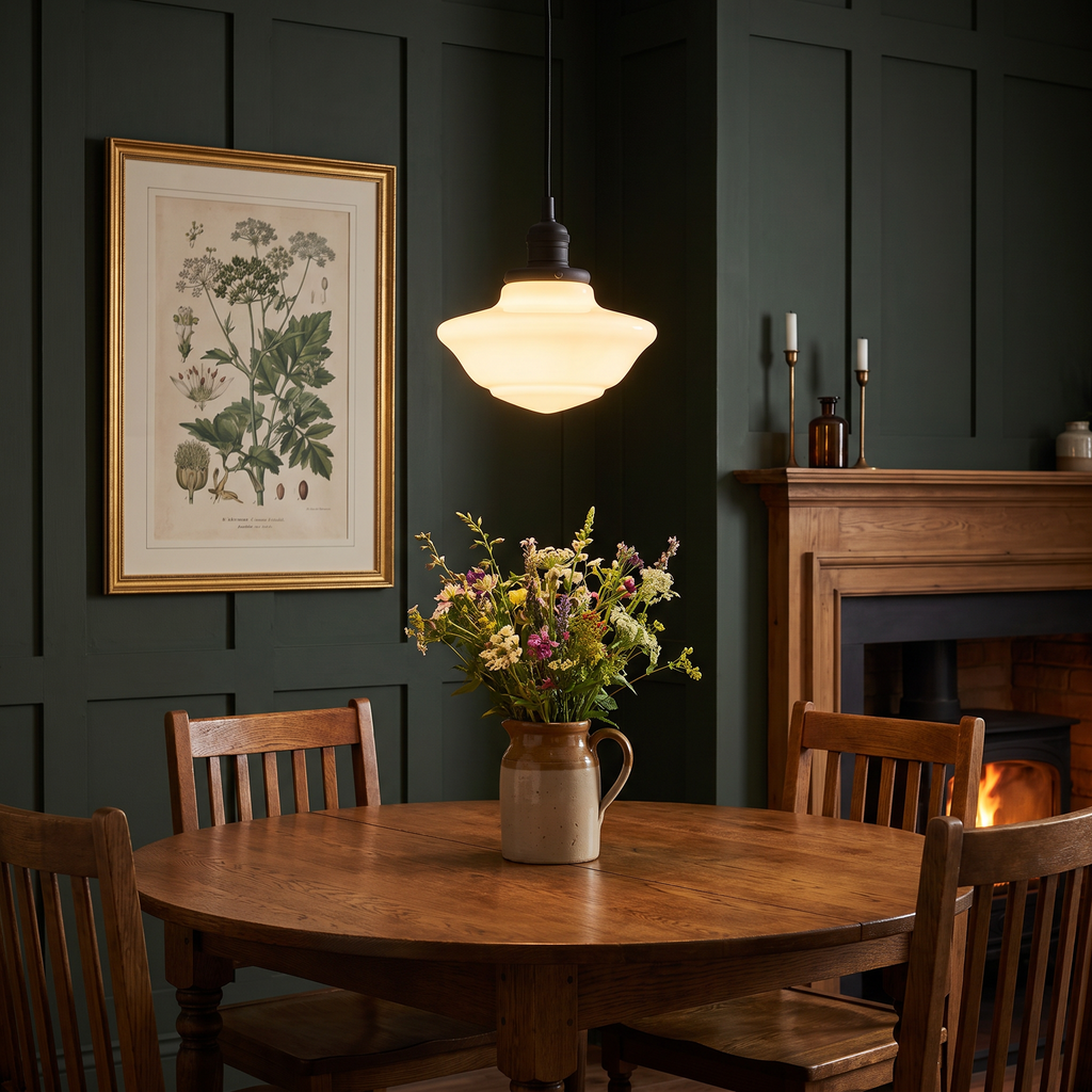 A lit black Ely milk glass pendant light over a round dining table in a dark green panelled dining room