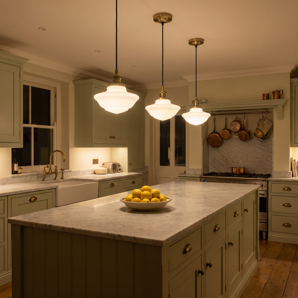 Three lit Ely milk glass pendant lights in antique brass hanging in a row over a sage green kitchen island