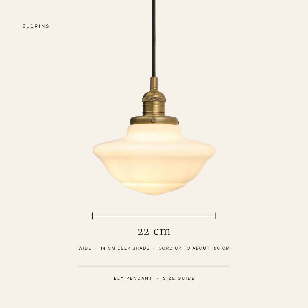 Ely pendant size guide: 22 cm wide, 14 cm deep shade, cord up to about 180 cm