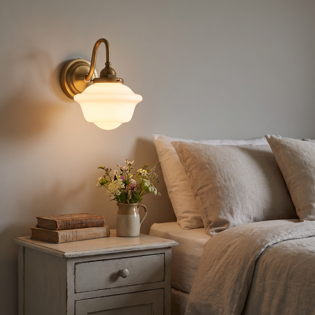 A lit antique brass Ely swan neck wall light above a painted bedside table in a calm bedroom