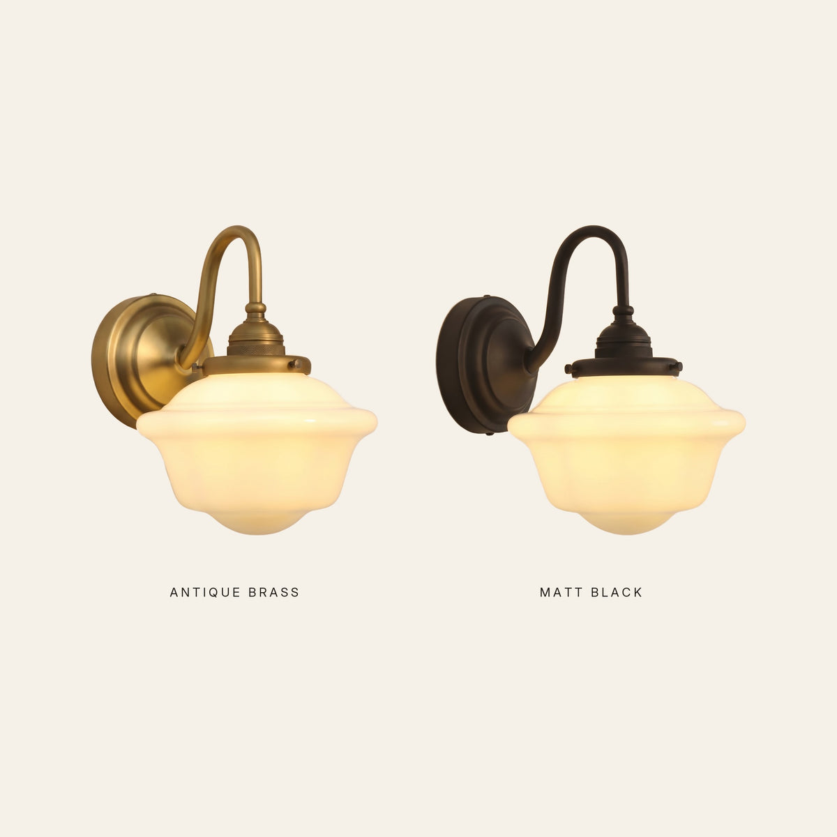 The Ely swan neck wall light in antique brass and in matt black side by side
