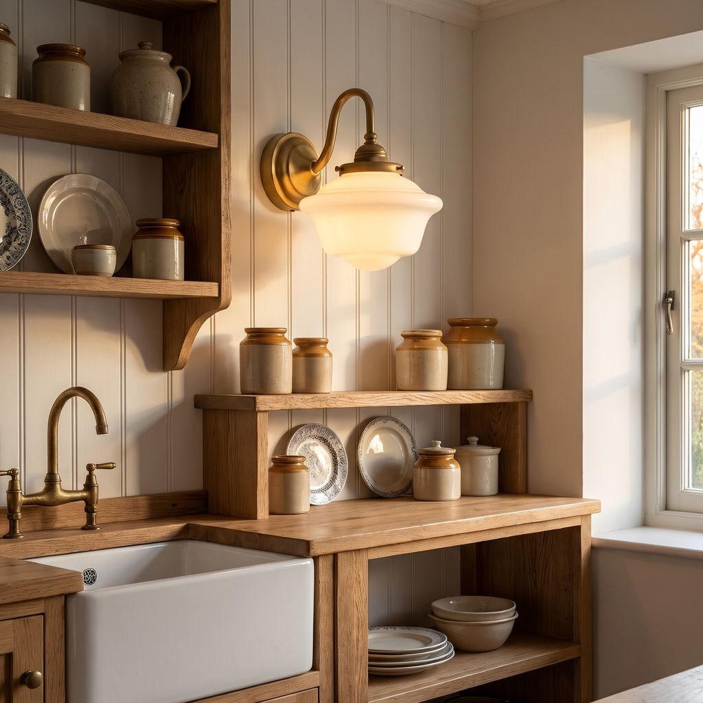A lit antique brass Ely swan neck wall light above open oak shelving in a cottage kitchen