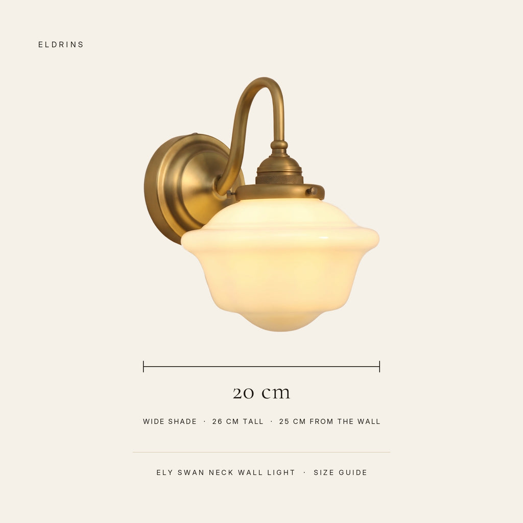 Ely swan neck wall light size guide: 20 cm wide shade, 26 cm tall, 25 cm from the wall