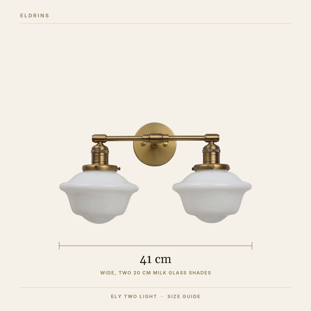 Ely two light vanity light size guide, about 41 cm wide with two 20 cm glass shades