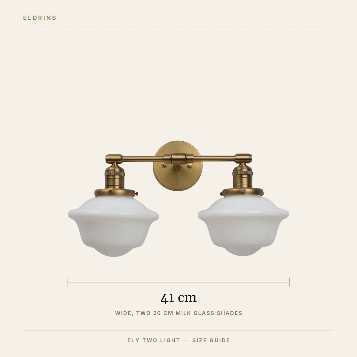 Ely two light vanity light size guide, about 41 cm wide with two 20 cm glass shades