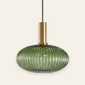 Fenwick green ribbed glass pendant with brass cap, cream background