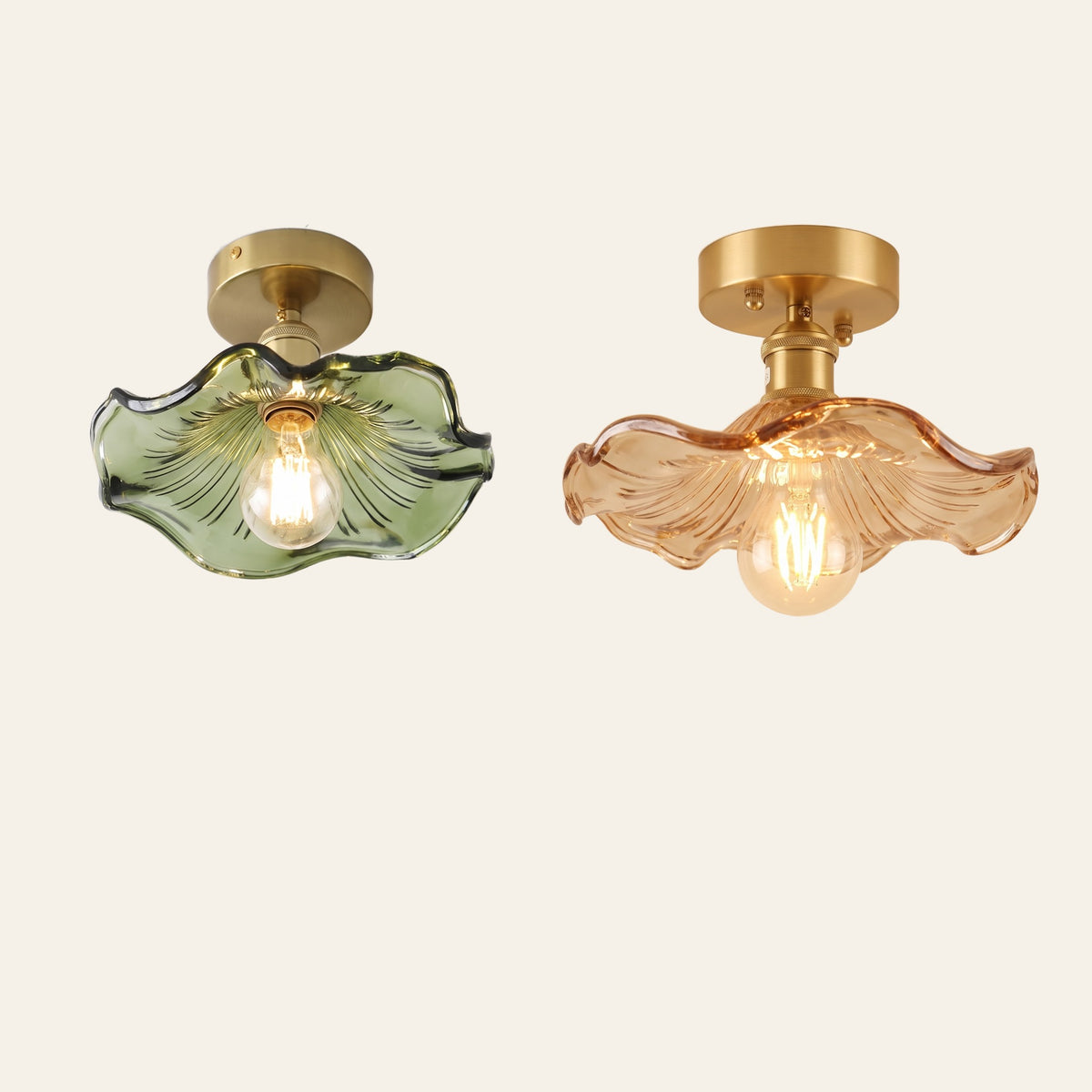 Framlingham lotus leaf ceiling light in green and amber glass side by side