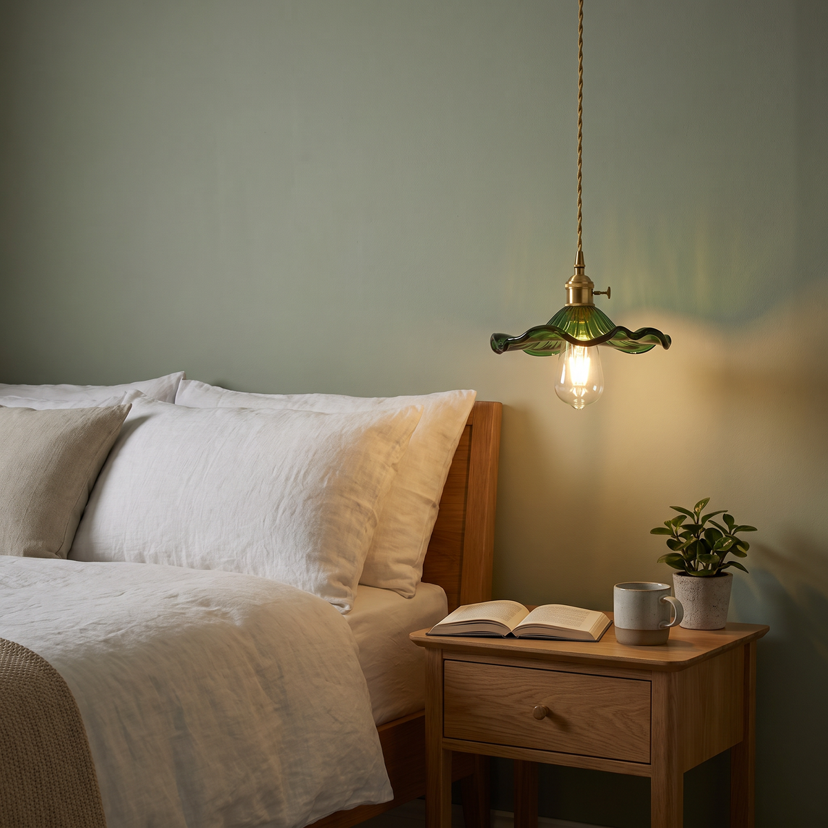 Green Framlingham lotus leaf pendant hung low beside a bed in a sage green bedroom