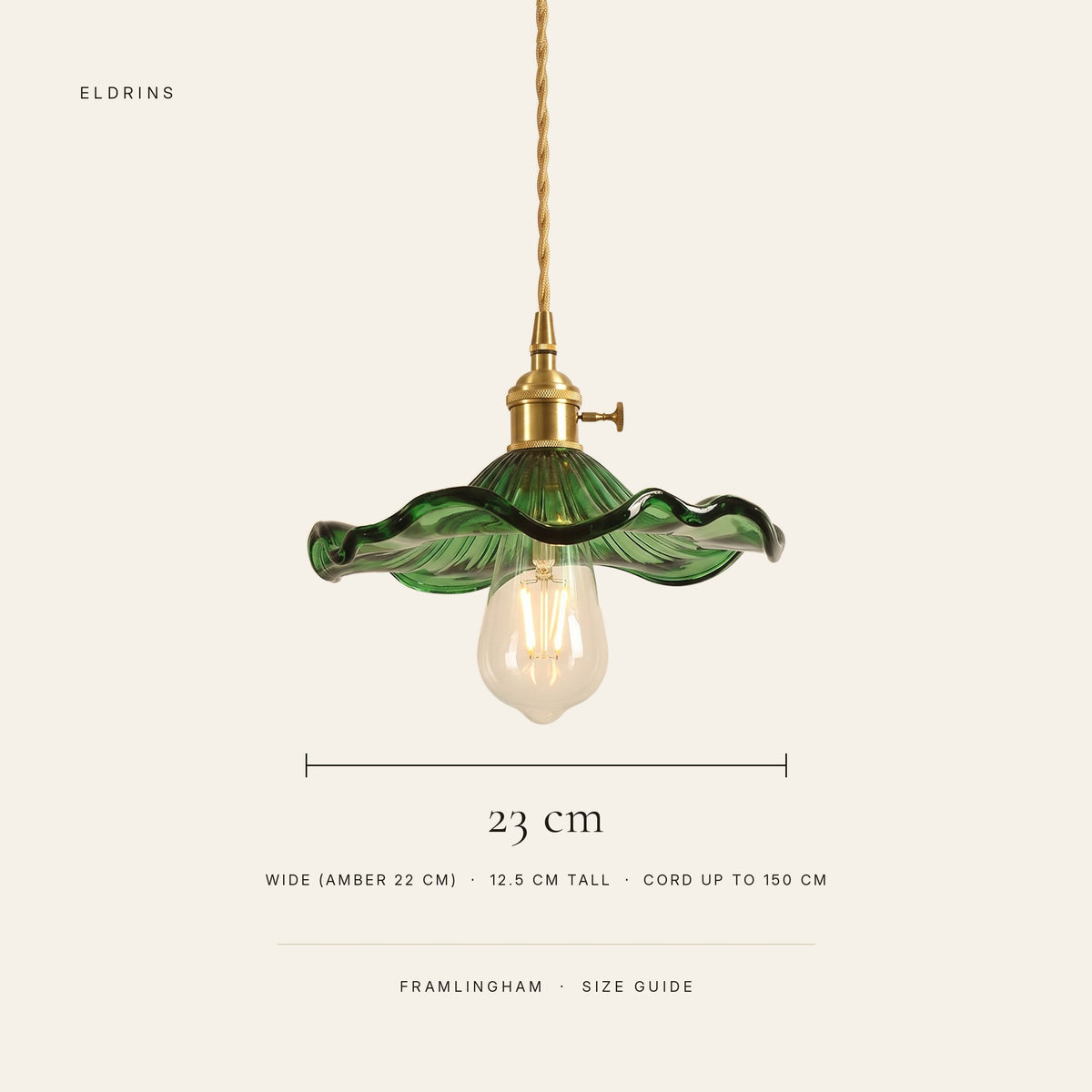 Framlingham pendant size guide: 23 cm wide lotus leaf shade (amber 22 cm), 12.5 cm tall, cord up to 150 cm
