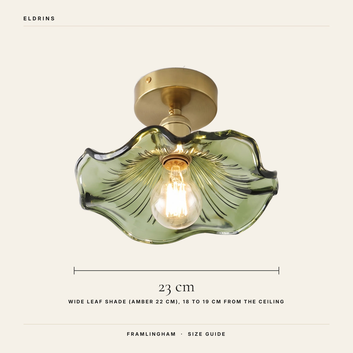 Framlingham ceiling light size guide, 23 cm wide green leaf shade, amber 22 cm, 18 to 19 cm from the ceiling