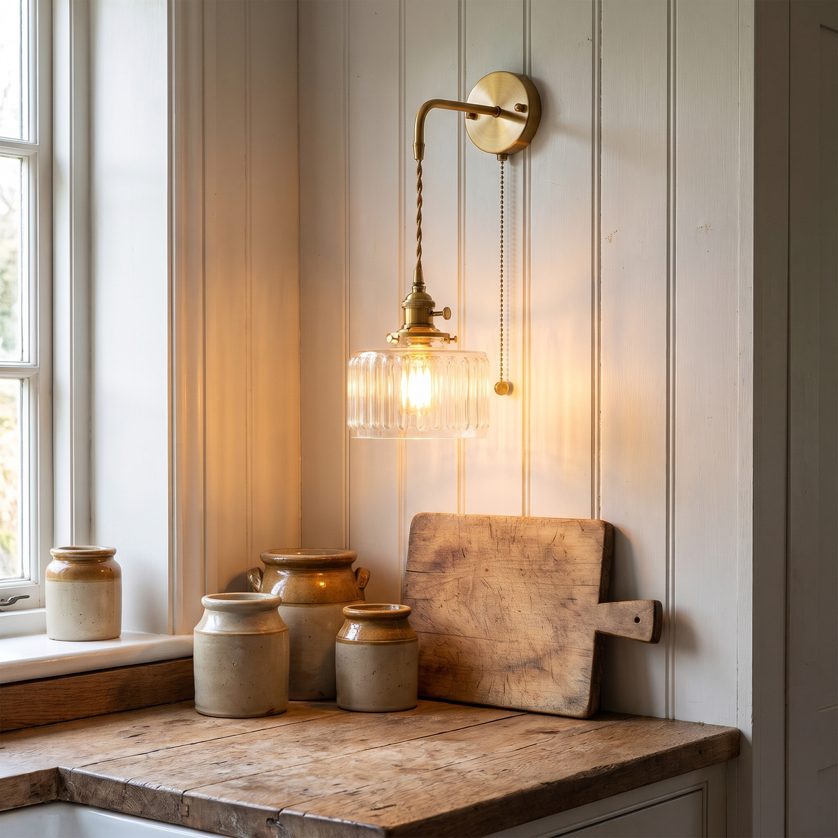 A lit clear Framsden wall light hanging above an oak worktop on a white panelled kitchen wall