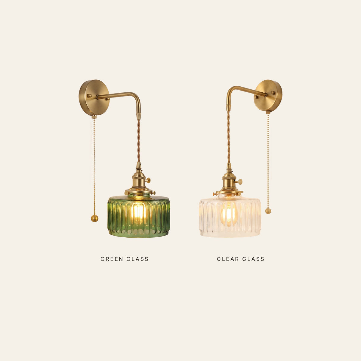 The Framsden wall light with green glass and with clear glass side by side