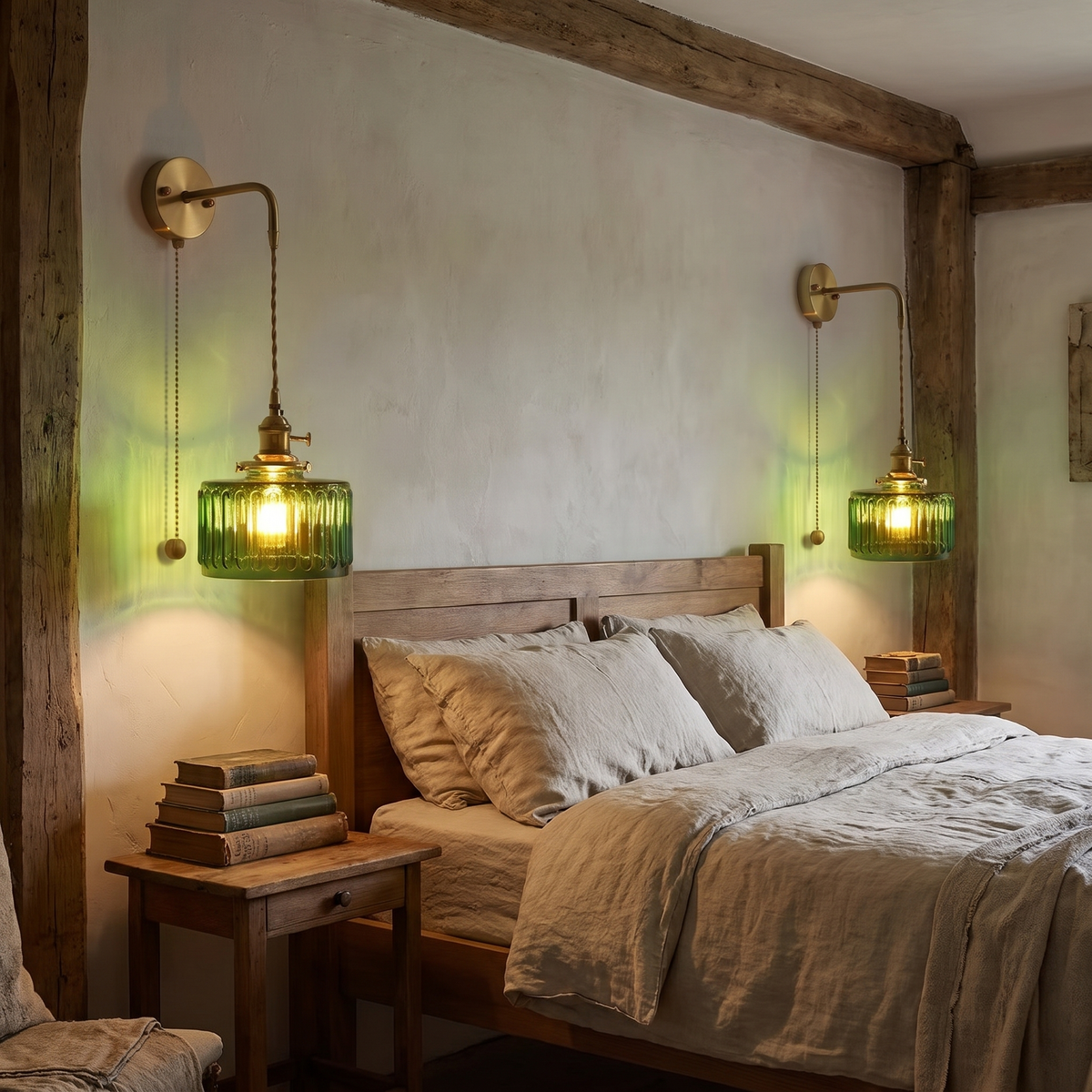 A pair of lit green Framsden wall lights hanging either side of a wooden bed in a beamed cottage bedroom