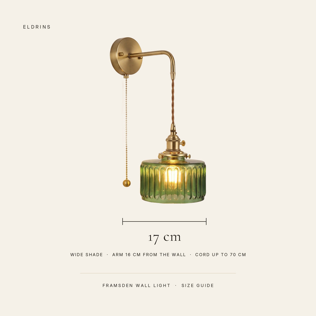 Framsden wall light size guide: 17 cm wide shade, arm 16 cm from the wall, cord up to 70 cm