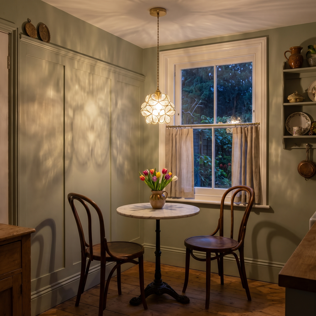 A lit clear Fressingfield glass flower pendant light over a small round marble table in a breakfast corner