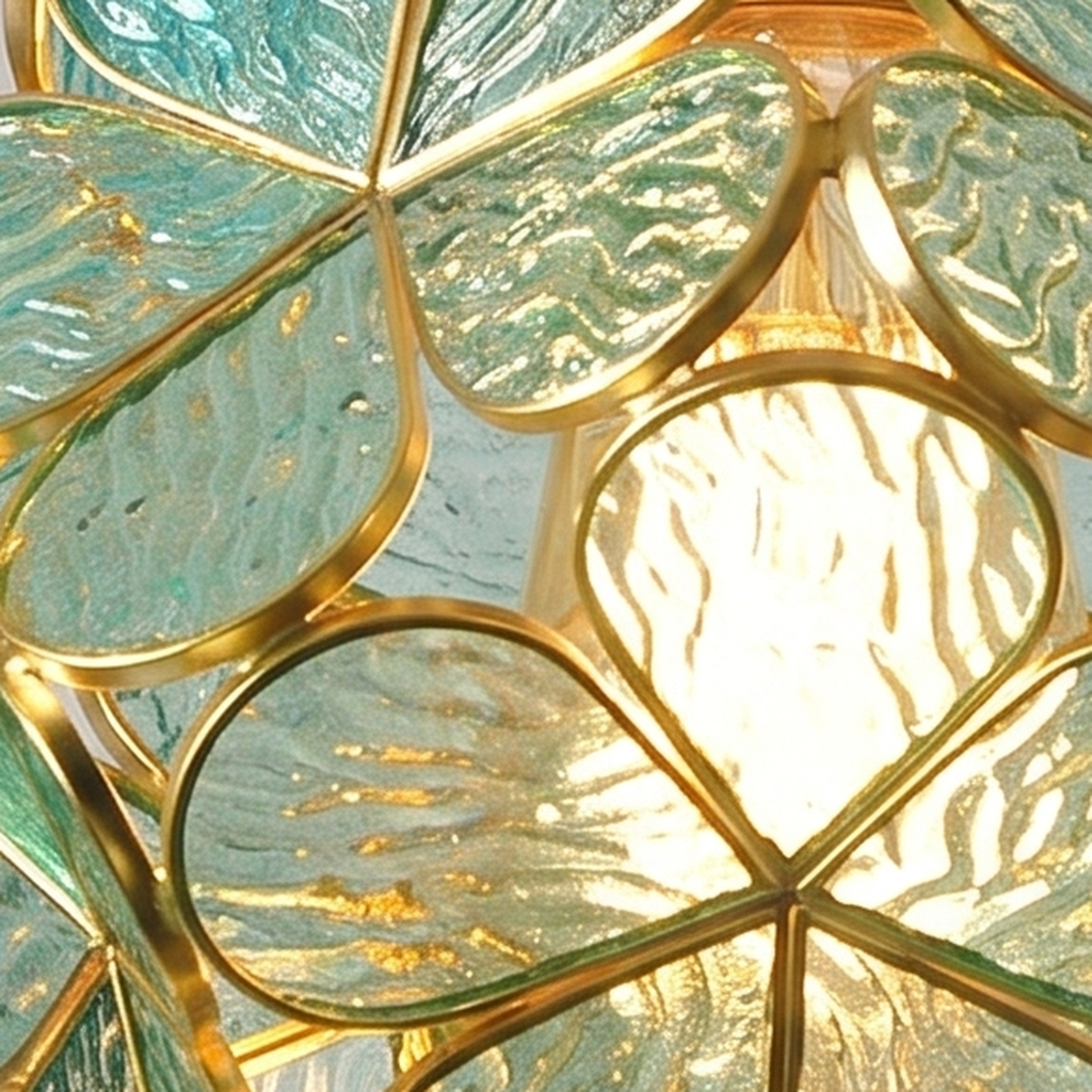 Close up of the rippled aqua glass petals and fine gold tone frames of the Fressingfield shade